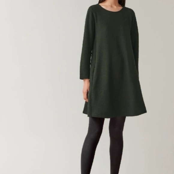 COS Wool Standing Collar WideNeck Pleat Tunic Dress Drk Green US6/36EU Lagenlook - Picture 1 of 12
